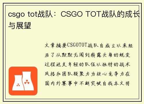 csgo tot战队：CSGO TOT战队的成长与展望