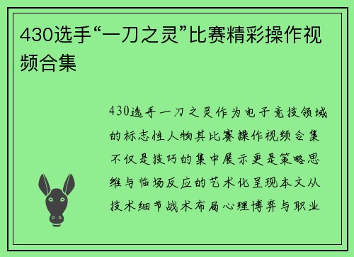 430选手“一刀之灵”比赛精彩操作视频合集